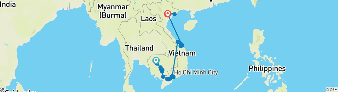 Image of a map showing the route of the tour