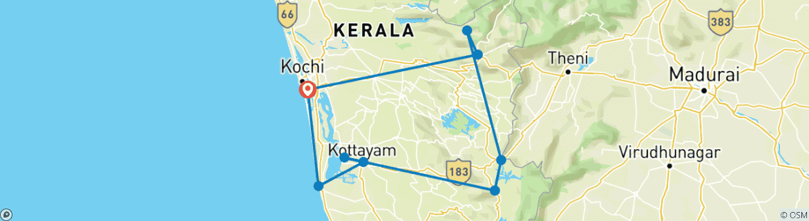 Map of Amazing Kerala 7 Day Tour