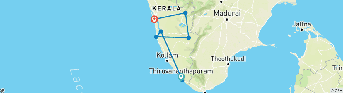 Kaart van Verken de Indiase staat Kerala – een rondreis op maat – dagelijks vertrek – 11 dagen