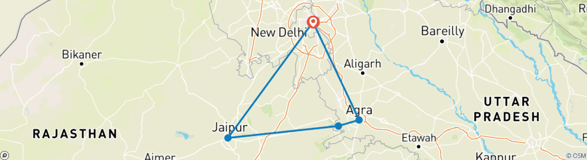 Kaart van 6-daagse Gouden Driehoek Tour India