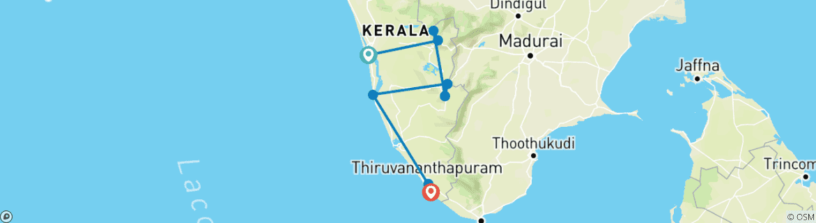 Map of Kerala Highlights Tour