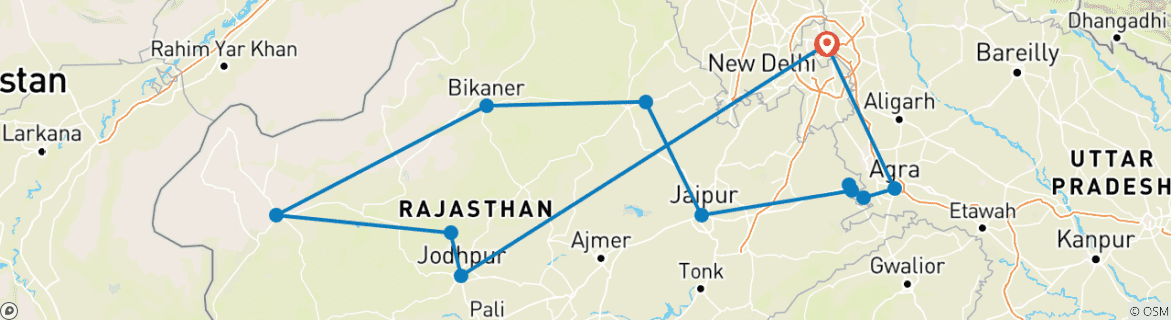 Map of Rajasthan Sightseeing with Taj Mahal Tour