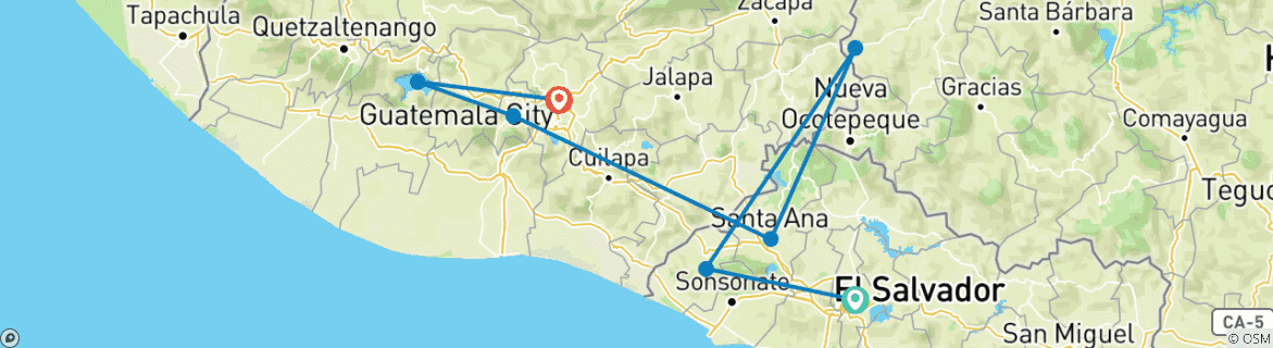 Map of Maya Triangle : El Salvador, Copan Ruins  &  Guatemala     8 Days