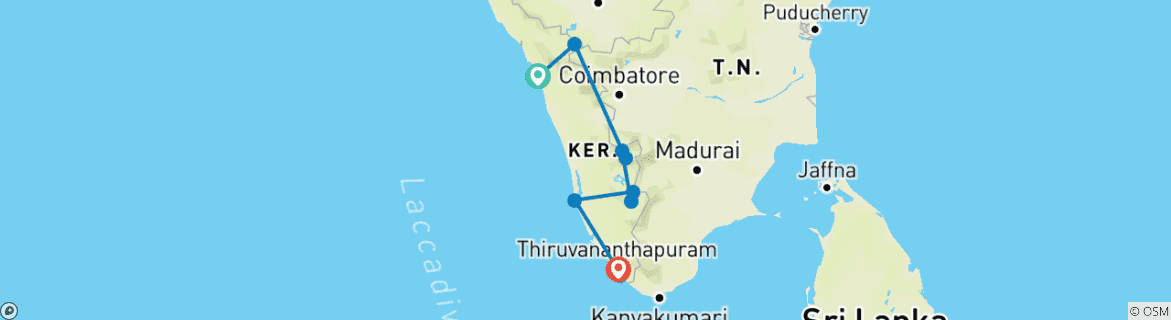 Map of Kerala 10 Days Tour