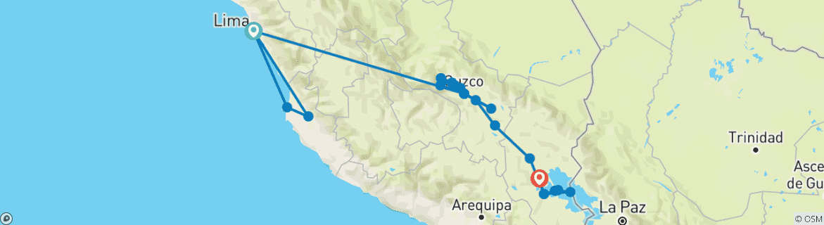 Carte du circuit PERU EXPRESS - 10 jours (Lima- Cusco - Machu Picchu & Puno) avec vols intérieurs