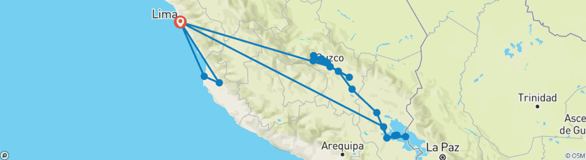Carte du circuit PERU EXPRESS - 10 JOURS (LIMA - CUSCO - MACHU PICCHU & PUNO) AVEC VOLS INTÉRIEURS