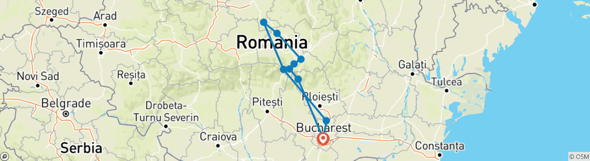 Map of Private 3-Day Best of Romania Tour from Bucharest: Peles Castle, Bran Castle, Bears Sanctuary, Brasov, Sighisoara, Viscri, Rasnov Fortress and Snagov Monastery With Hotel Pick Up Drop Off