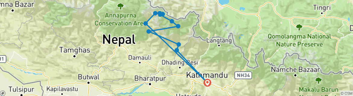 Mapa de Excursionismo en circuito Manaslu 13 días