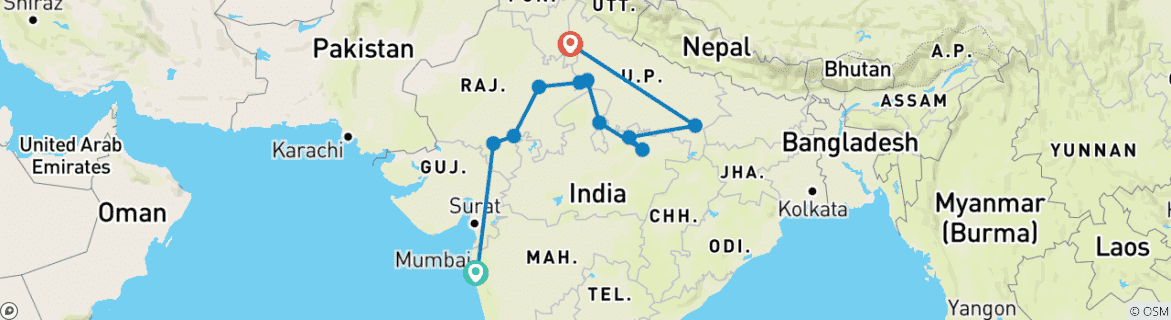 Map of Rajasthan Tour from Mumbai