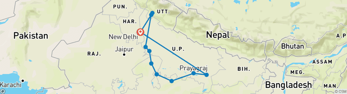 Image of a map showing the route of the tour