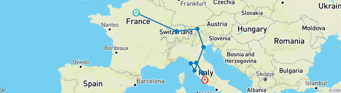 Map of Road to Rome (Classic, Start Paris, 12 Days)