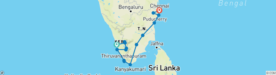 Map of Tour to South India