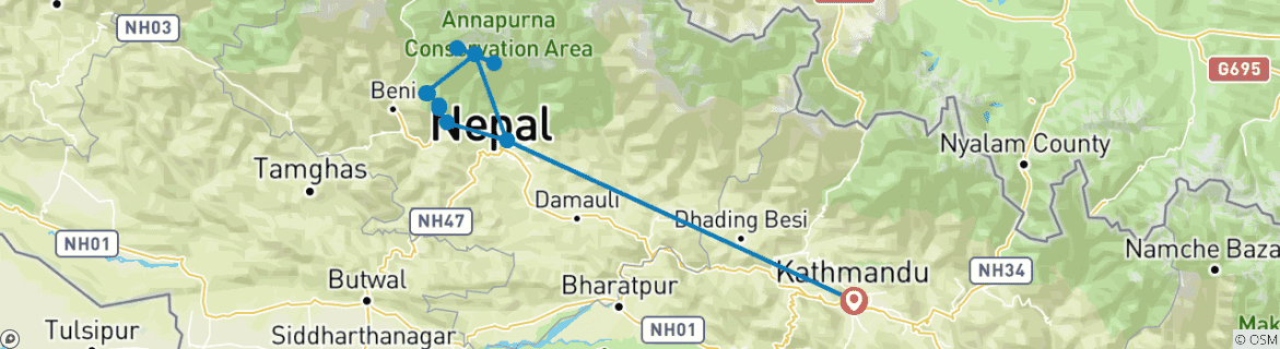 Map of Annapurna Base Camp Trek with Helicopter Return