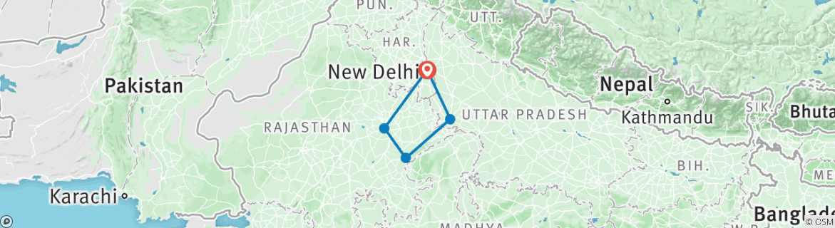 Mapa de Circuito de lujo al triángulo de oro de la India con el Parque Nacional de Ranthambhore