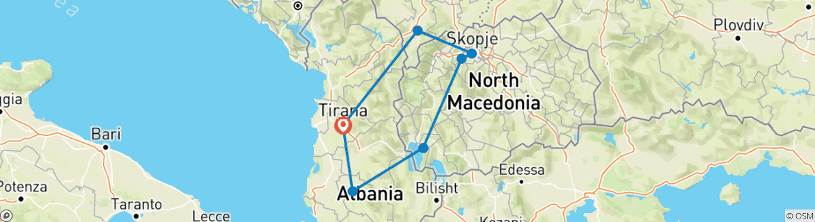 Map of Semi-Private Tour; Albania, N. Macedonia & Kosovo in 3 Days