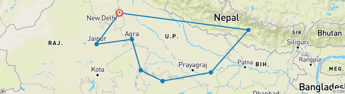Image of a map showing the route of the tour