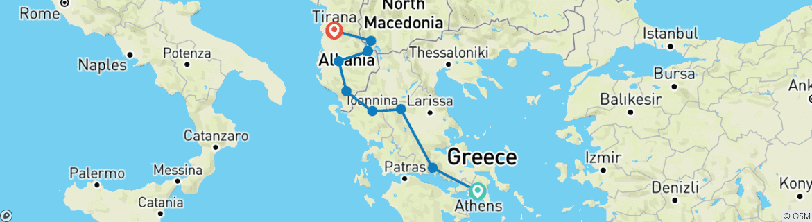 Mapa de Excursión semiprivada de Atenas a Tirana; Grecia, Albania y N. Macedonia