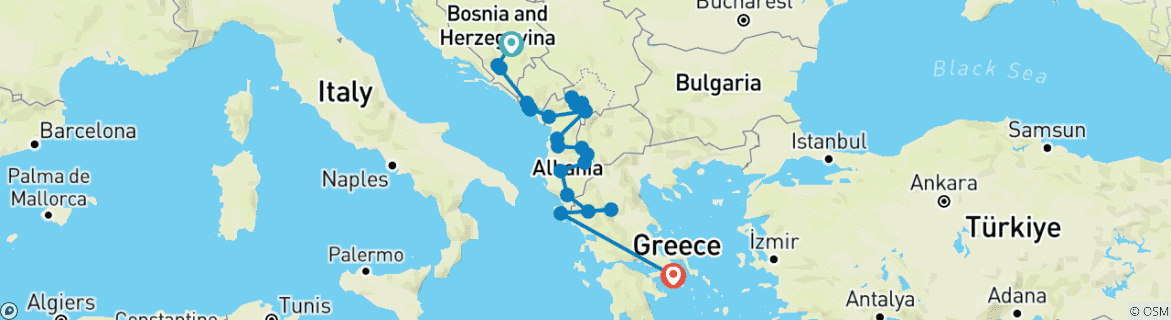 Carte du circuit Sarajevo - Athènes / Corfou ; Semi - Circuit privé avec guide et voiture dédiés
