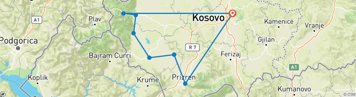 Image of a map showing the route of the tour