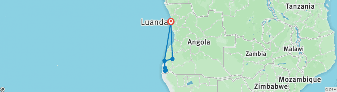 Map of Southern Angola Adventure Safari 8Days/ 7Nights (Comfort)