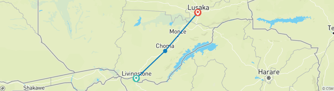 Map of 2-Day Relaxed LIVINGSTONE to LUSAKA overland travel adventure