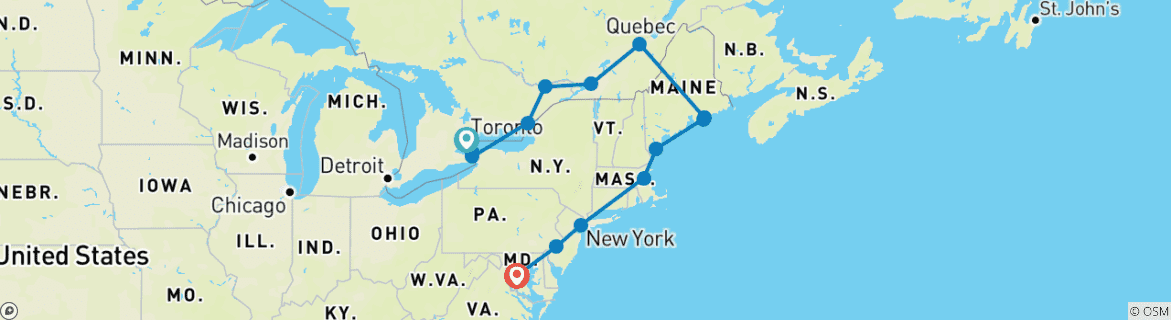 Image of a map showing the route of the tour