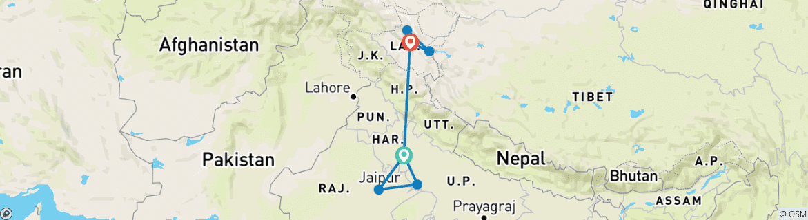 Map of Leh & Ladakh with India Golden Triangle