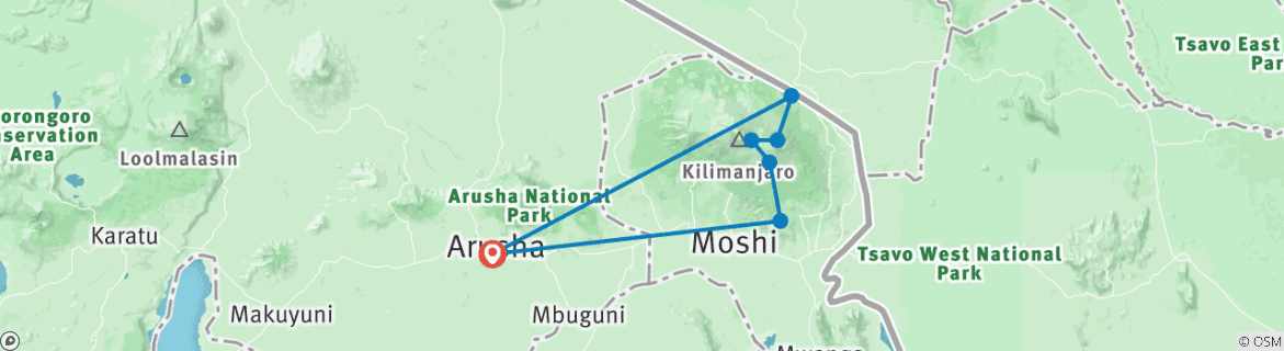 Kaart van 8 dagen Beklimming Kilimanjaro Rongai Route