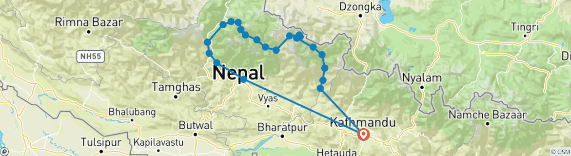 Mapa de Excursionismo por el circuito del Manaslu y los Annapurnas