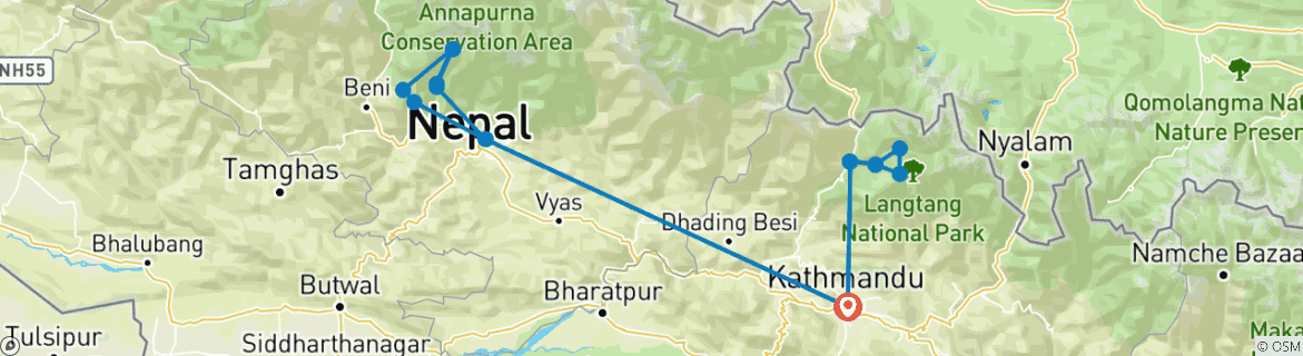 Map of Langtang and Annapurna Base Camp Trek