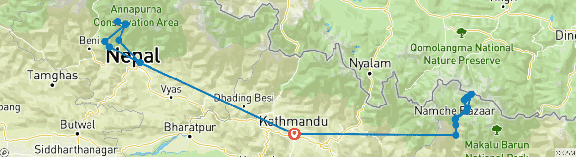 Map of Everest and Annapurna Base Camp Trek