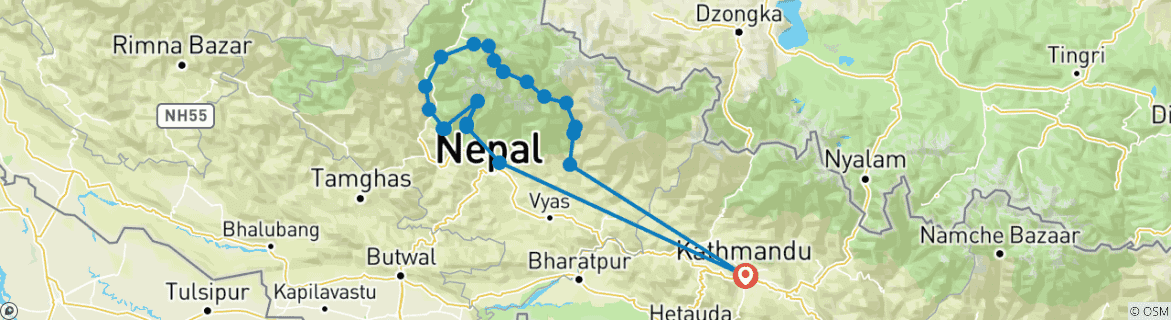 Mapa de Travesía por el circuito del Annapurna y el campamento base