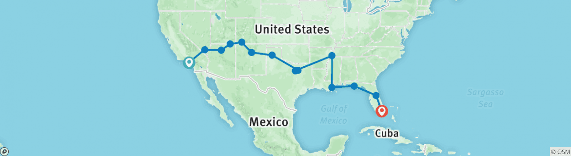 Map of USA: LA to Miami (21 Days)