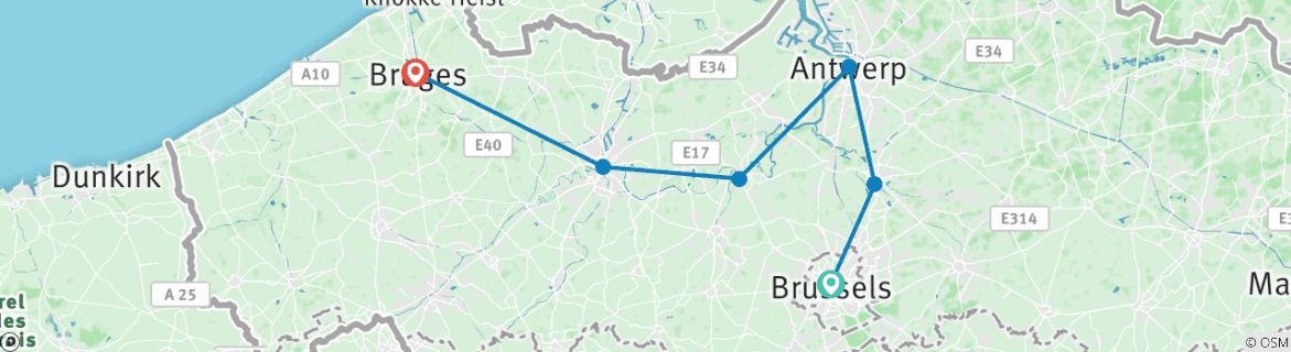 Map of Belgium Cycle - Brussels to Bruges