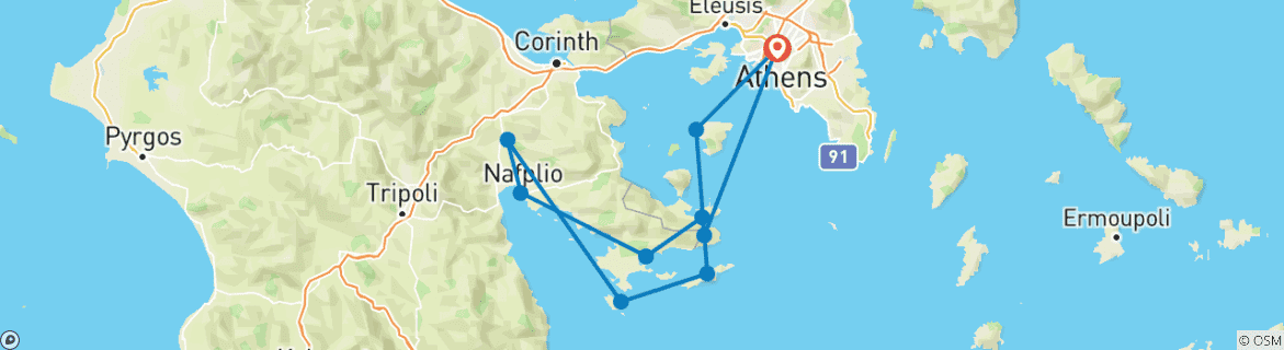 Map of Peloponnese and Saronic Islands Bike & Boat