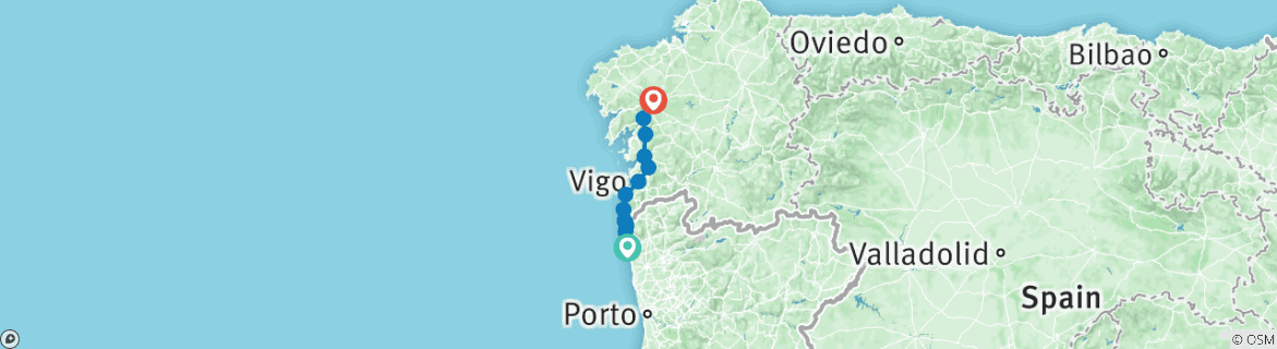 Map of Portuguese Coastal Camino - Viana do Castelo to Santiago