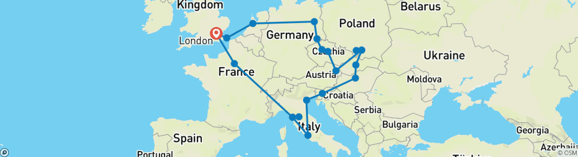 Image of a map showing the route of the tour