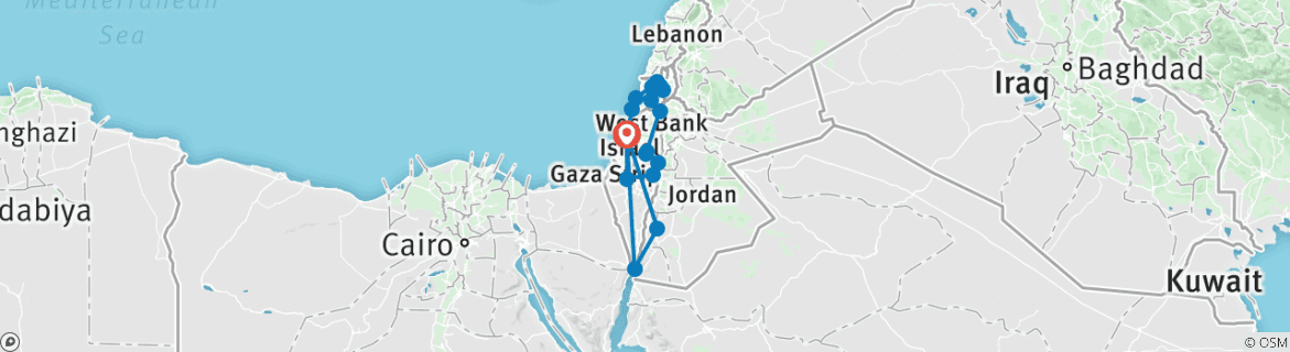 Carte du circuit 9 jours - Les points forts d'Israël et de Pétra - multi- pays