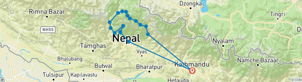 Mapa de Travesía por el circuito del Annapurna y el campamento base