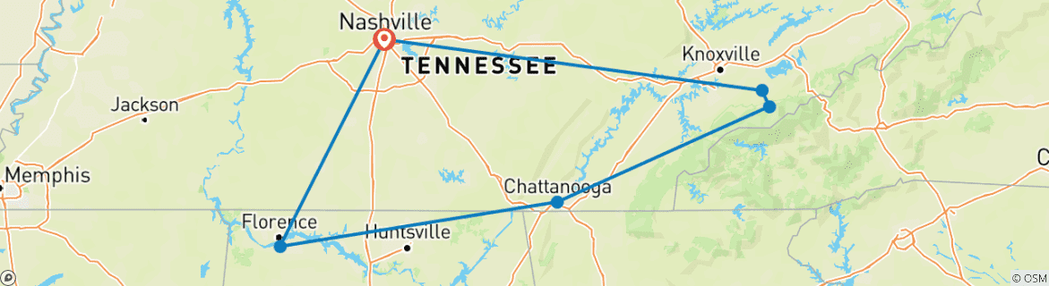 Map of Dollywood and Nashville Escorted Tour