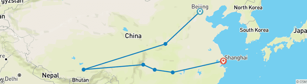 Carte du circuit Circuit impression privé 14D : Pékin, Xian, Lhassa, Chengdu, Chongqing, Zhangjiajie, Shanghai