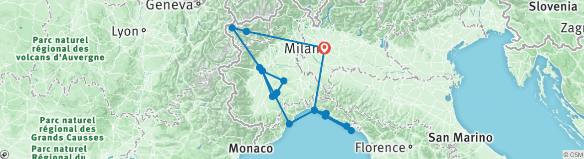 Map of 7 Days Italian Riviera and Piedmont Tour – from Milan