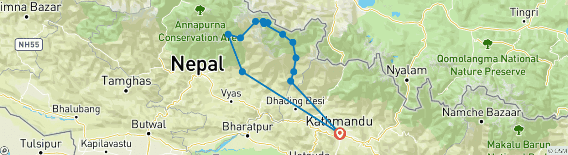 Kaart van 16 dagen Manaslu Circuit Trekking