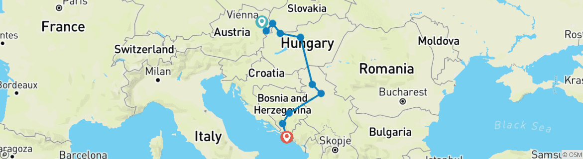 Map of Small Group Tour; Central Europe & The Balkans from Vienna to Dubrovnik / Split