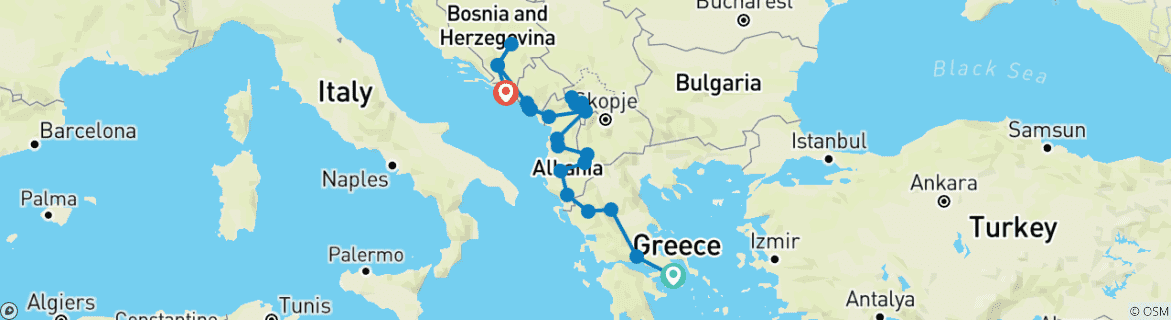 Carte du circuit Circuit en petit groupe : 7 pays des Balkans d'Athènes à Dubrovnik ou Split