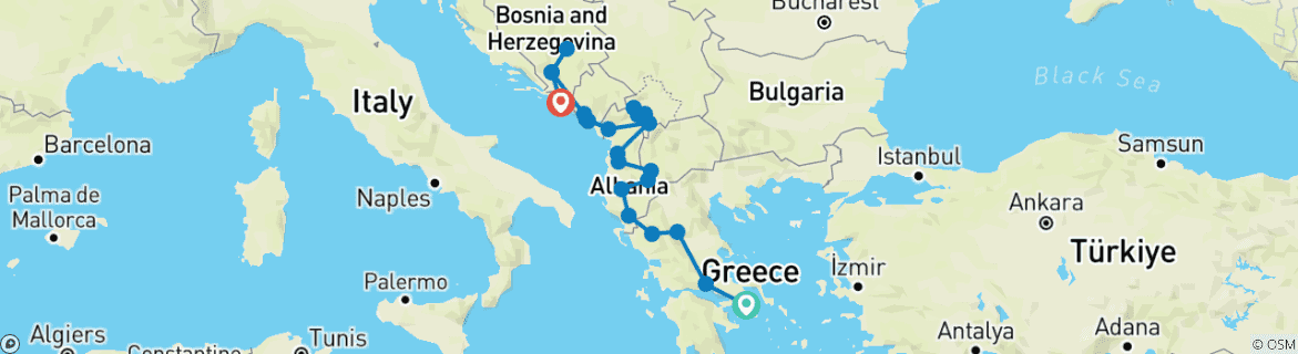 Carte du circuit Circuit en petit groupe : 7 pays des Balkans d'Athènes à Dubrovnik ou Split