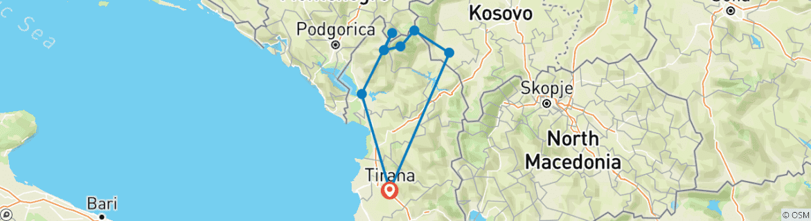 Map of Semi-Private Hiking Tour; Peaks of the Balkans in 10 days