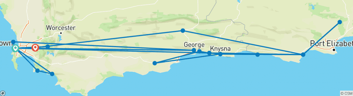 Map of Cape Town & Garden Route Voluntour 14D/13N