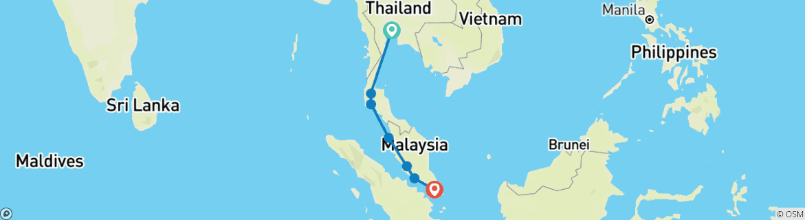 Kaart van Reis van Bangkok naar Singapore