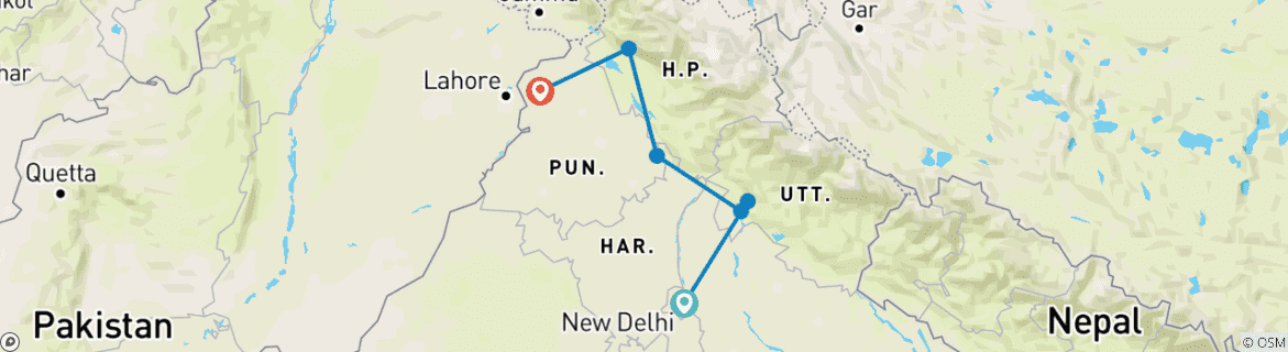 Image of a map showing the route of the tour
